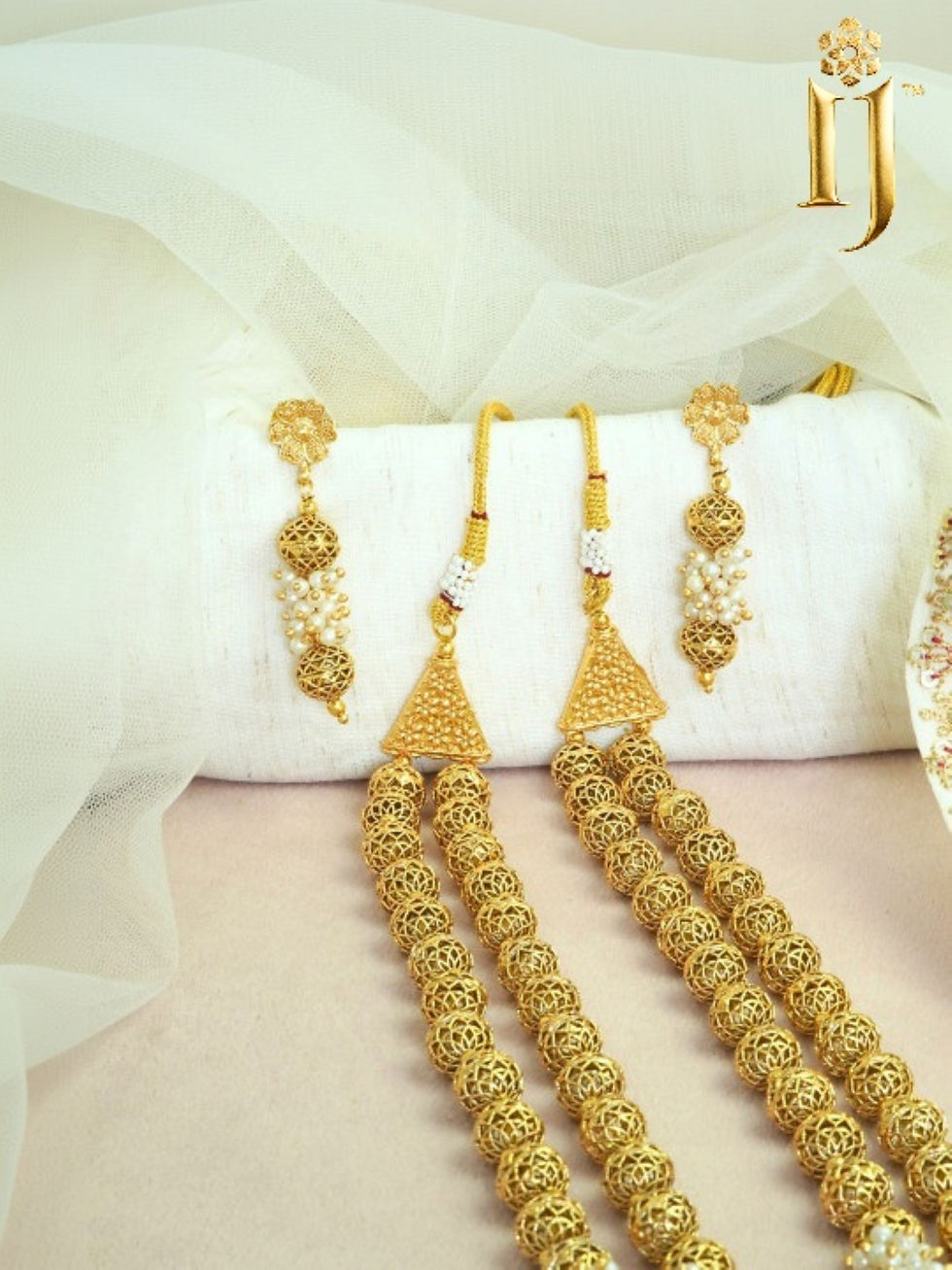 Thumbnail: Long Gold Pearl Beaded Necklace Set, Elegant Indian Bridal Jewelry
