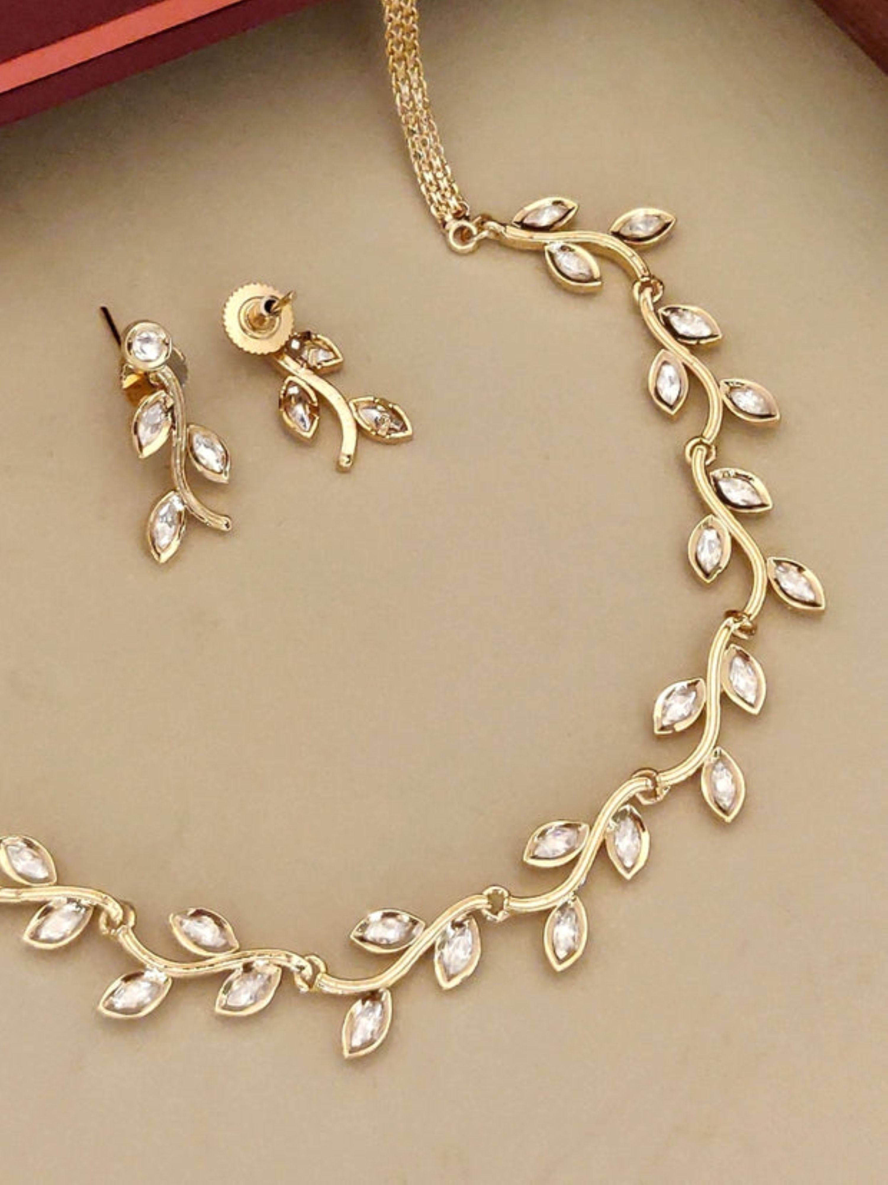 18K Gold Plated Leaf Vine Necklace Set | Marquise Crystal Polki Kundan Bridal Je