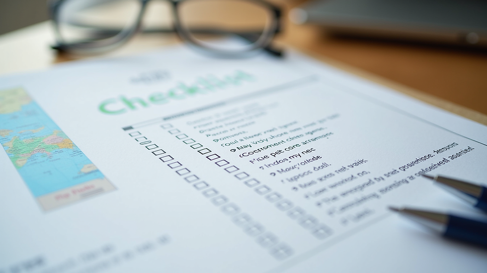 Close-up view of a checklist and documents for study abroad preparation