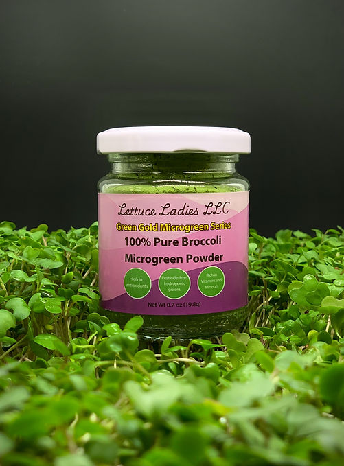 A close-up image of Broccoli microgreen powder in a bed of broccoli microgreens