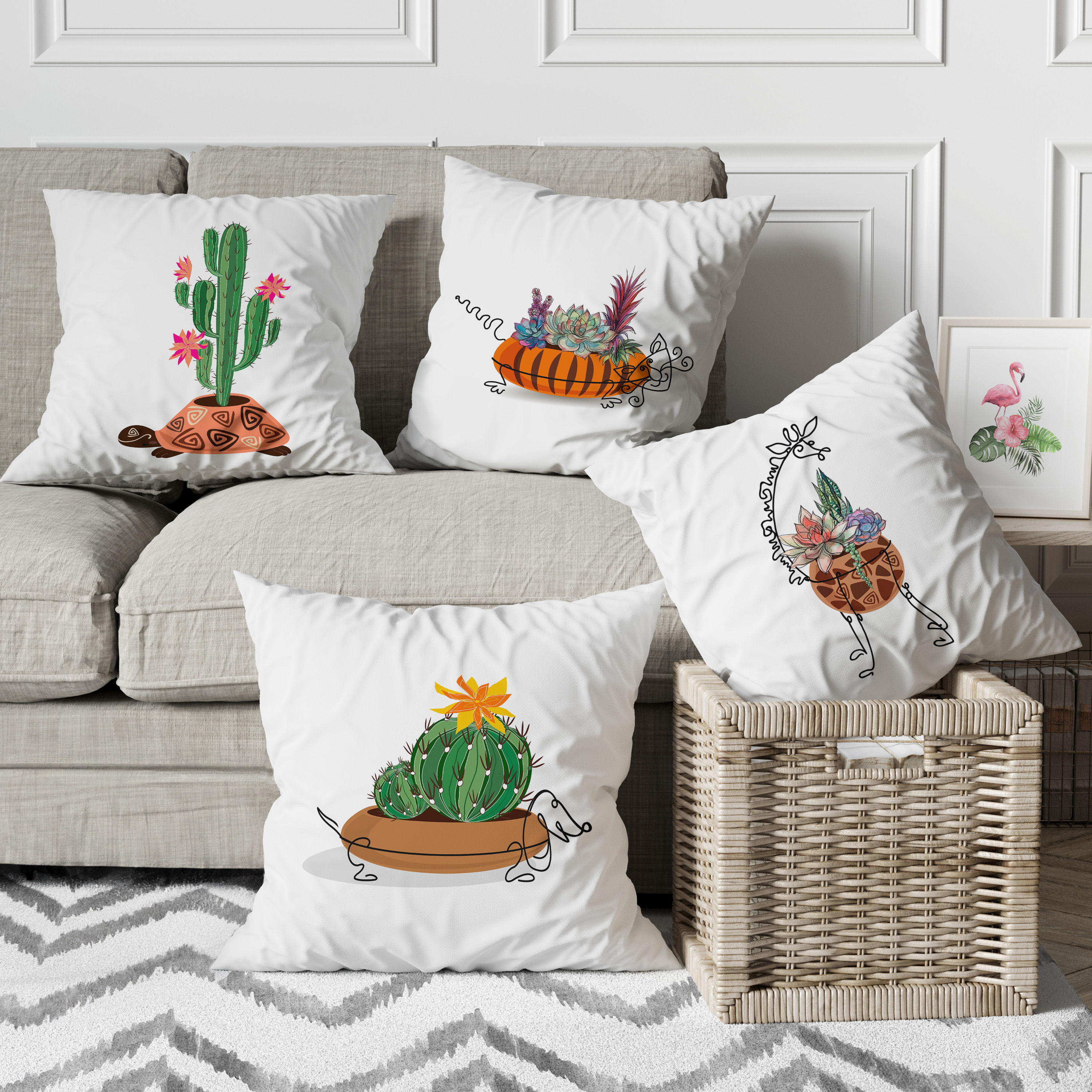 Kaktüs Bahçesi Temalı Dijital Baskı 4'lü Kırlent Kılıfı