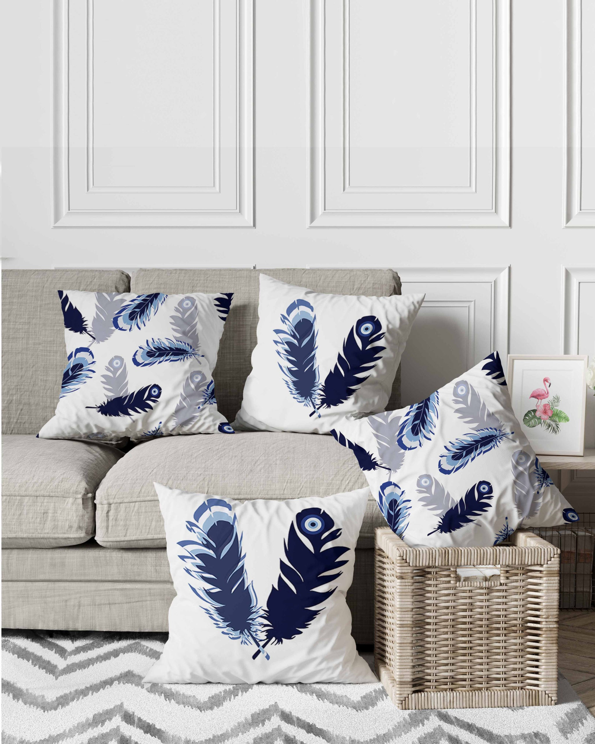 Mavi Beyaz Nazar Boncuklu Tüy Desenli Dijital Baskı Kırlentler