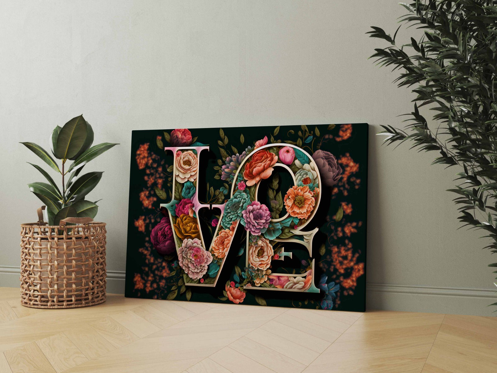 Romantik Çiçeklerle LOVE Yazılı Koyu Fon Temalı Dijital Baskı Kanvas Tablo