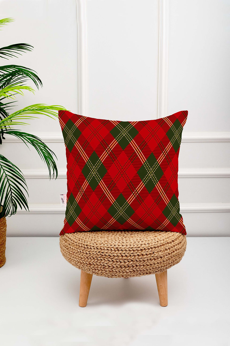 Kırmızı Yeşil Ekose Desenli Dekoratif Dijital Baskı Kırlent Kılıfı