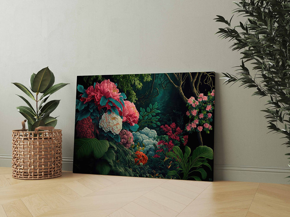 Koyu Fon Gizemli Tropikal Canlı Çiçekler Temalı Dijital Baskı Kanvas Tablo