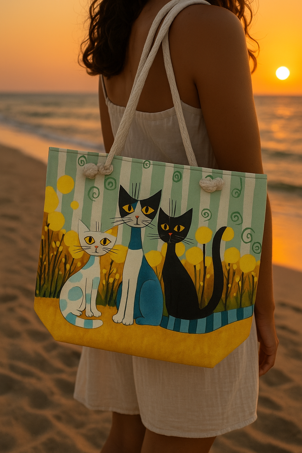 Menesa Home Sevimli Kedi Ailesi Temalı Dijital Baskı Plaj Çantası