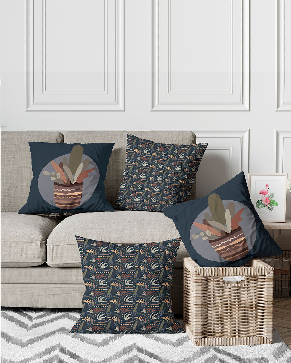 Boho Tarzı Bitki ve Etnik Desenli 4'lü Dekoratif Dijital Baskı Kır