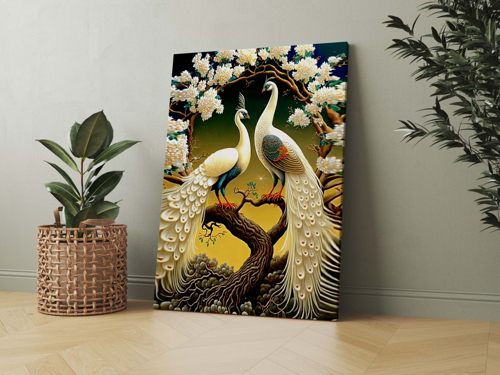 Beyaz Tavus Kuşları Temalı Dijital Baskı Kanvas Tablo