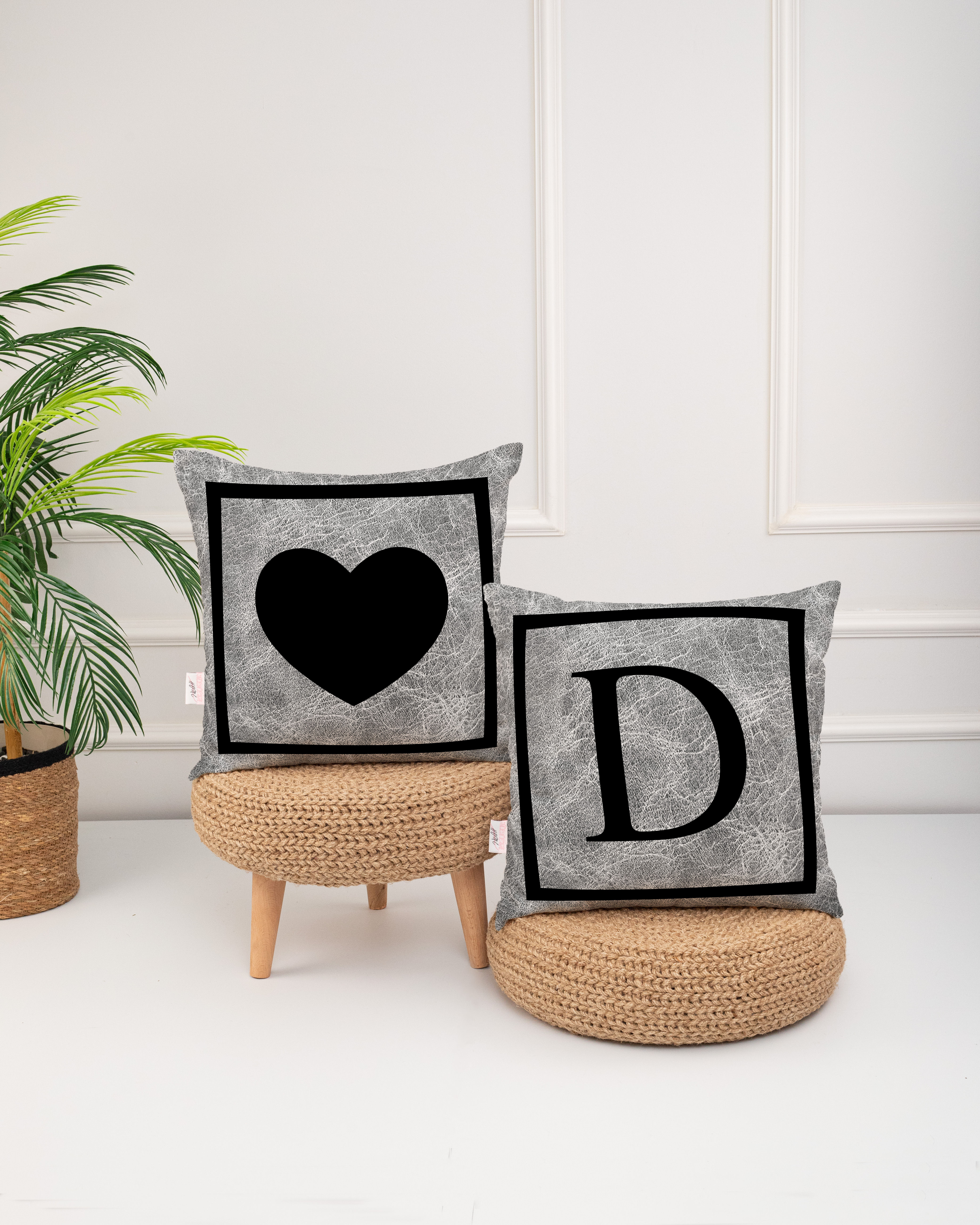 "D" Harfli 2'li Dijital Baskı Kırlent Kılıfı