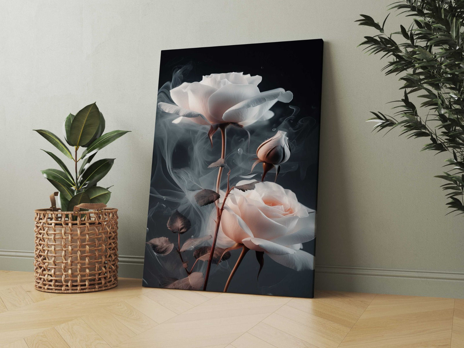 Siyah Fon Sisli Beyaz Güller Temalı Dijital Baskı Kanvas Tablo