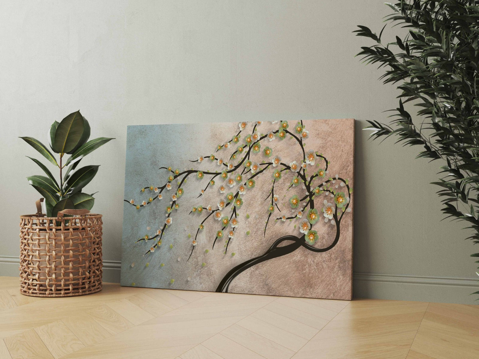 Minimalist Bahar Dalı Ağaç Çiçeği Temalı Dijital Baskı Kanvas Tablo