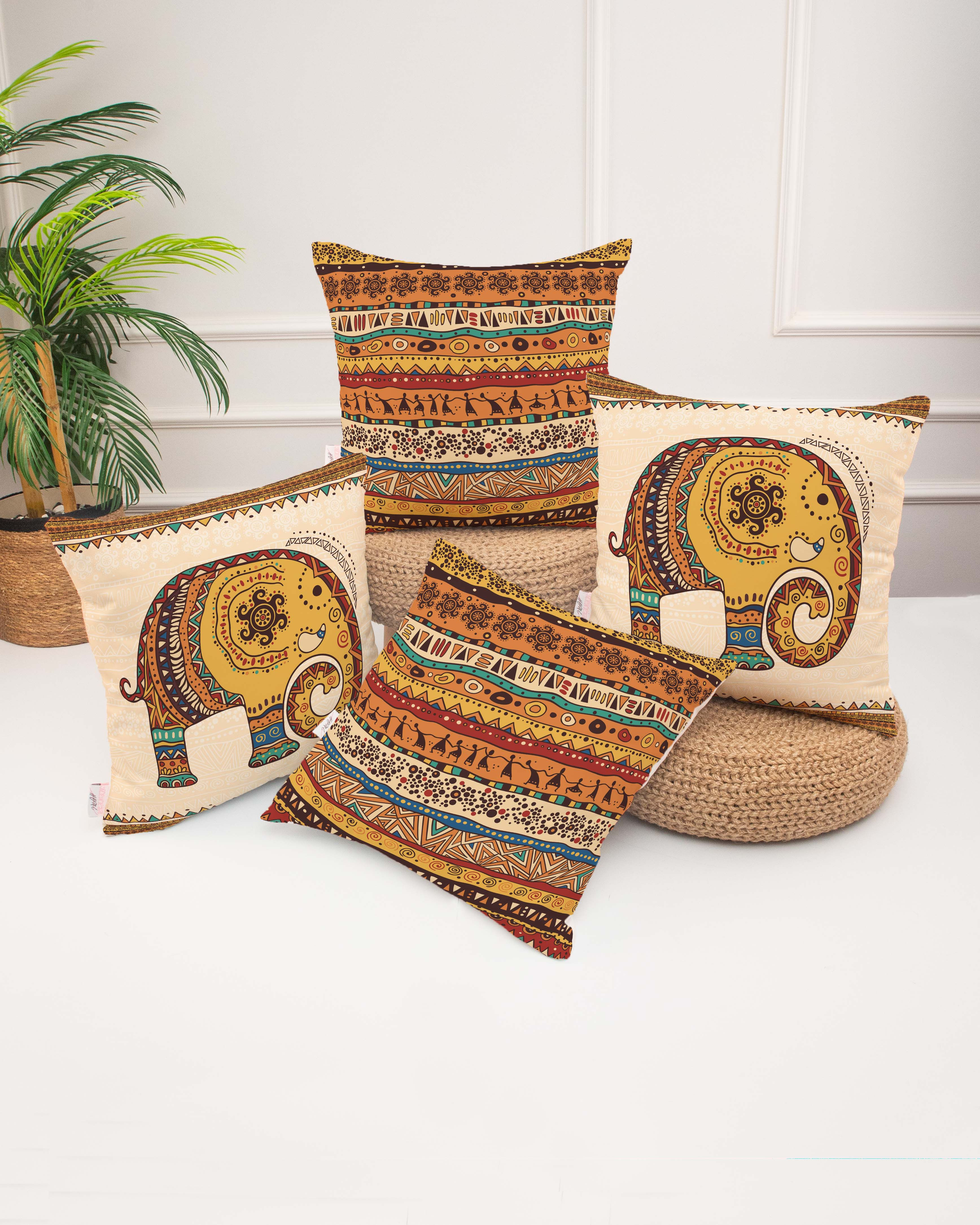 Afrika Etnik Fil Desenli Krem Zemin Dijital Baskılı 4'lü Kırlent Kılıfı Seti