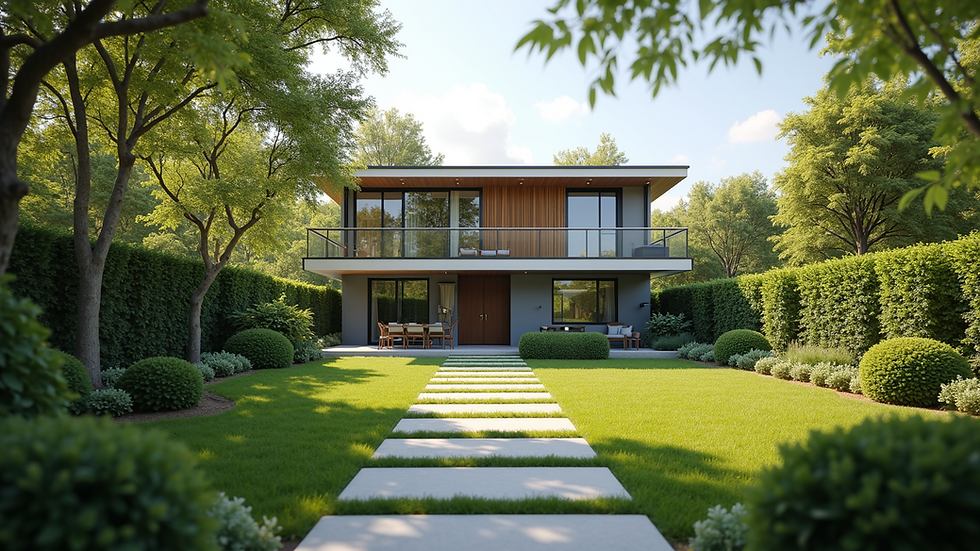 Eye-level view of a modern residential property with a well-maintained garden
