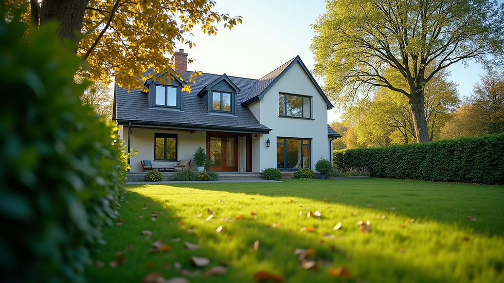 Eye-level view of a modern suburban home with a well-maintained garden
