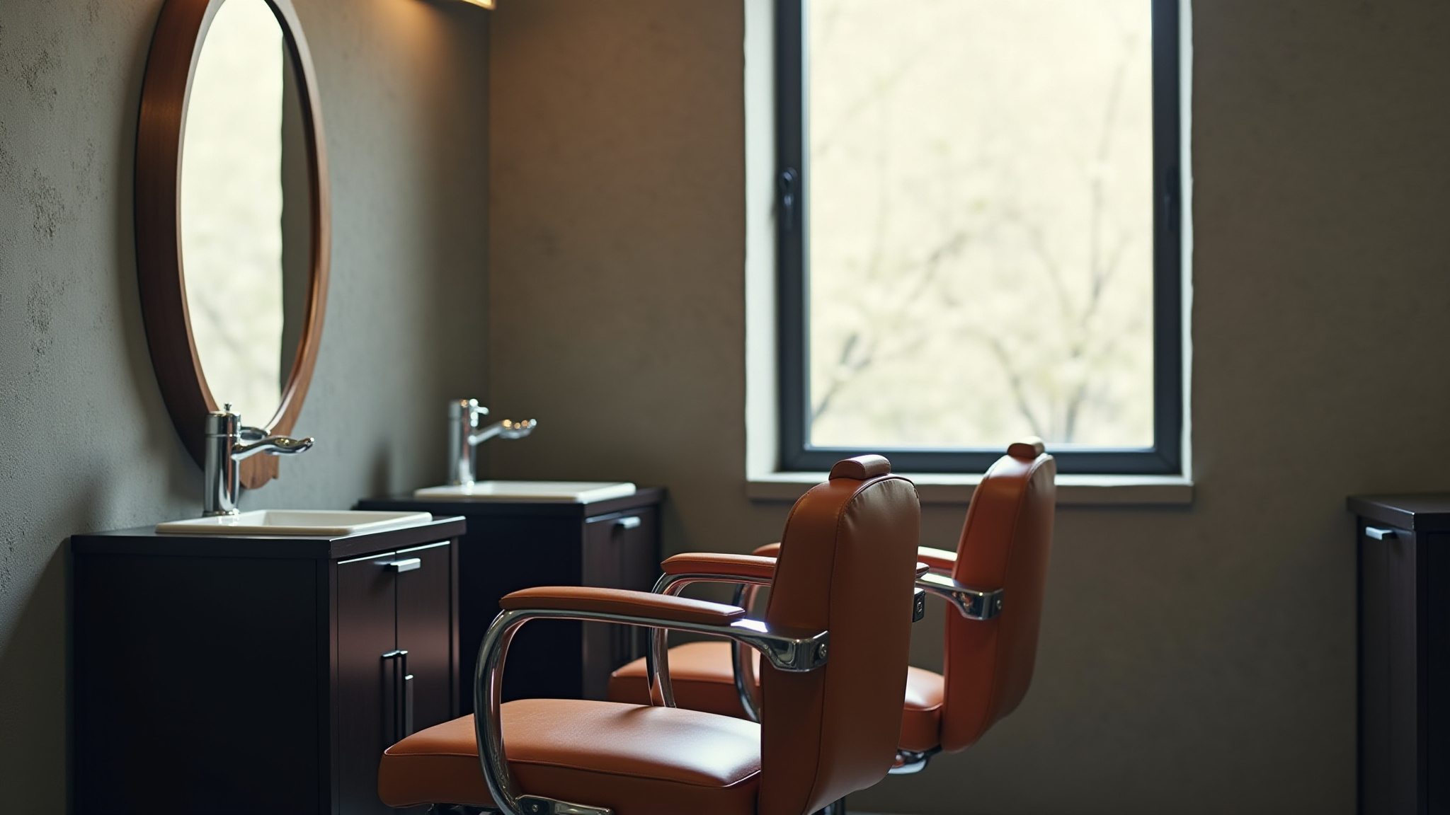 Two barber chairs and sink in stylish barbershop