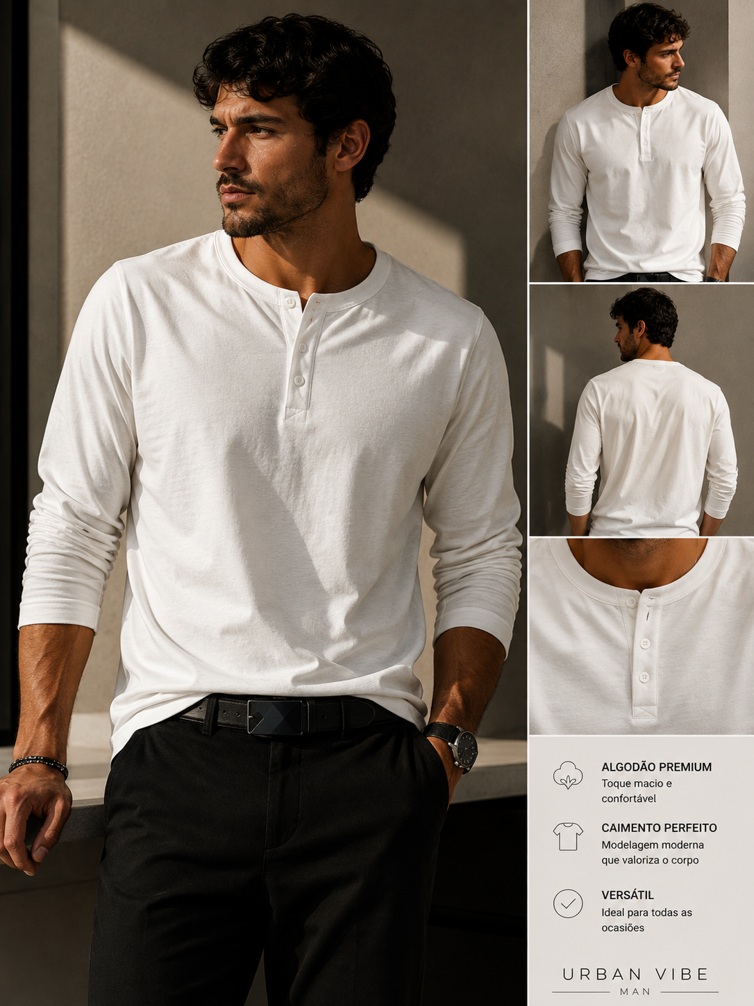 DUKEEN Camisa Henley de Manga Longa 100% Algodão