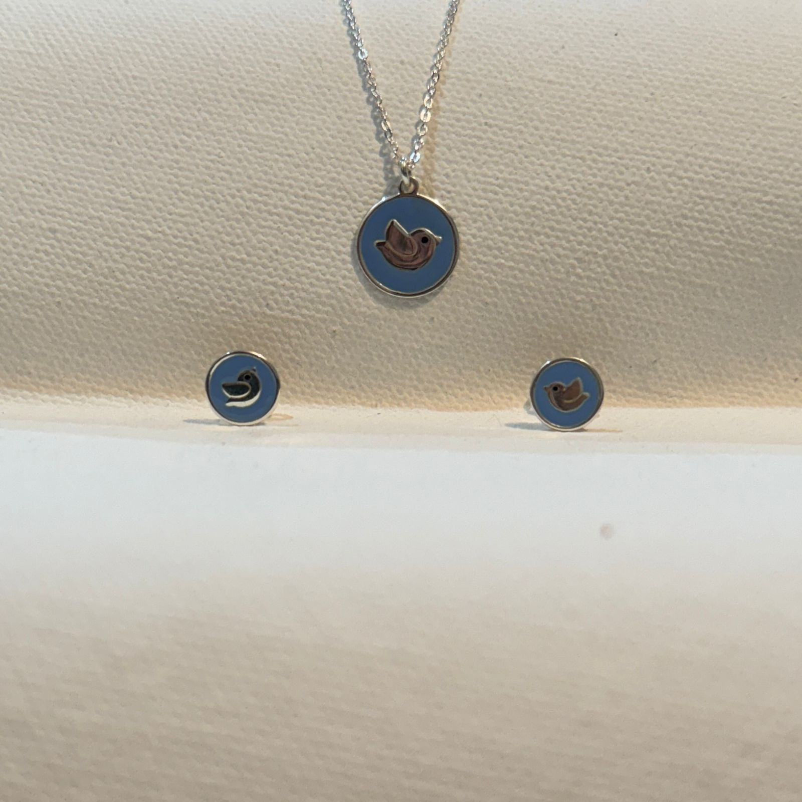 Silver Enamel Bird Pendant & Earrings With Chain For Girls