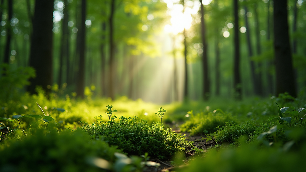 Eye-level view of a lush green forest with sunlight filtering through the trees