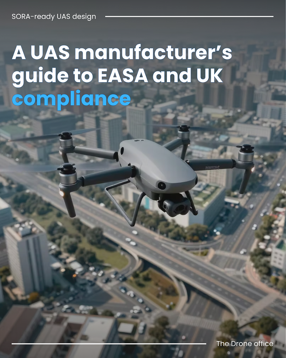 Grey quadcopter drone flying above a city skyline, with the title "SORA-ready UAS design: a UAS manufacturer's guide to EASA and UK compliance" overlaid.