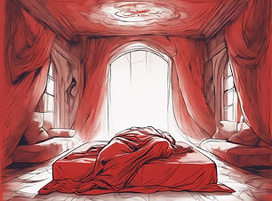 _A single individual lying peacefully on a mattress covered in luxurious red fabric, with