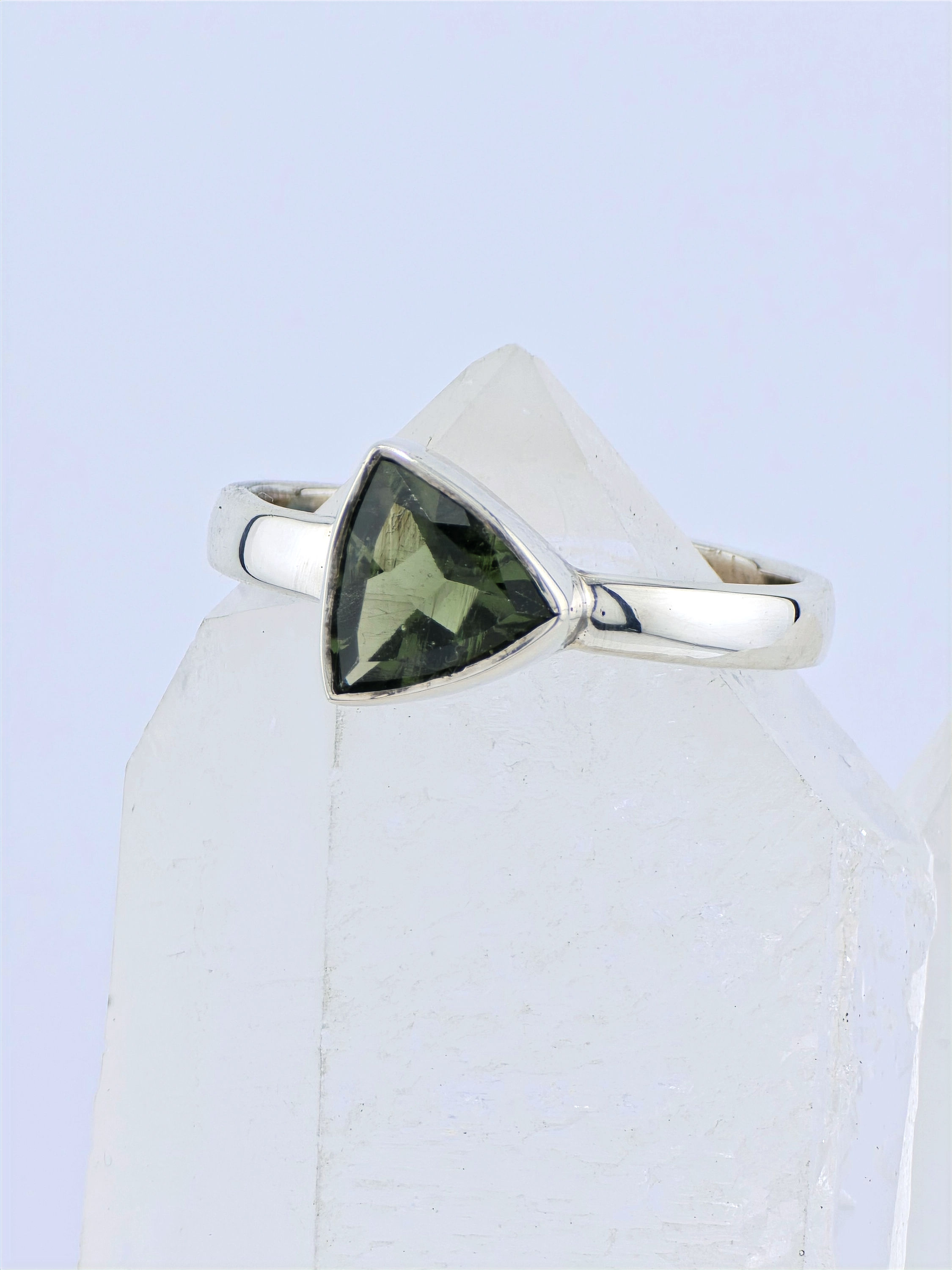 Faceted Trillion Moldavite Ring Size 8