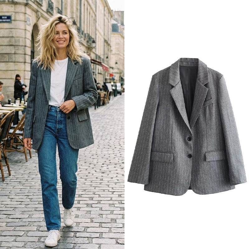 Willshela Women Fashion With Pockets Striped Single Breasted Blazer Vintage Notc