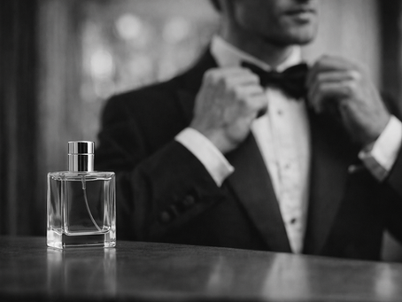 uomo in smoking che si sistema il papillon con profumo in primo piano bianco e nero