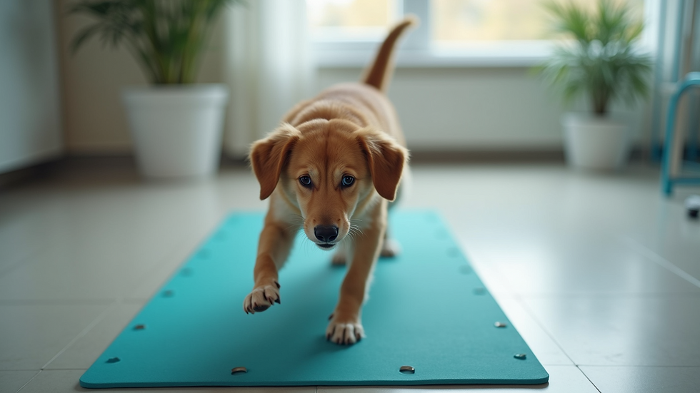 High angle view of a dog performing a balance exercise on a physiotherapy mat