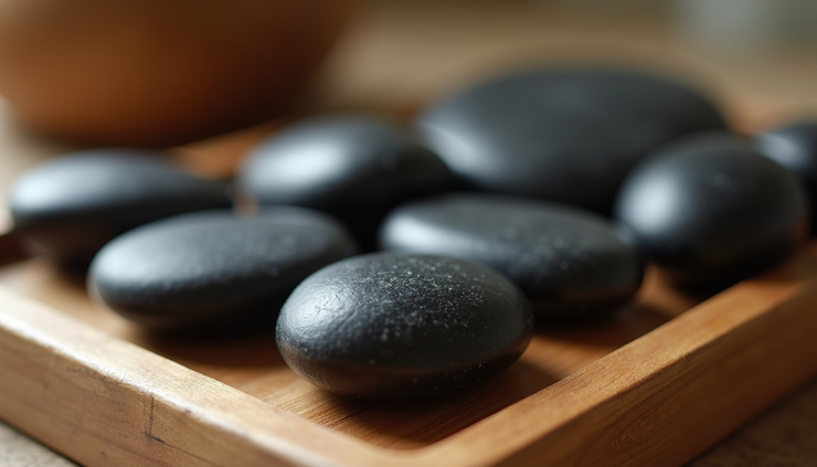 Close-up view of smooth basalt stones arranged on a wooden tray