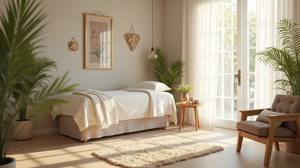 Eye-level view of a naturopathic clinic treatment room with calming natural decor