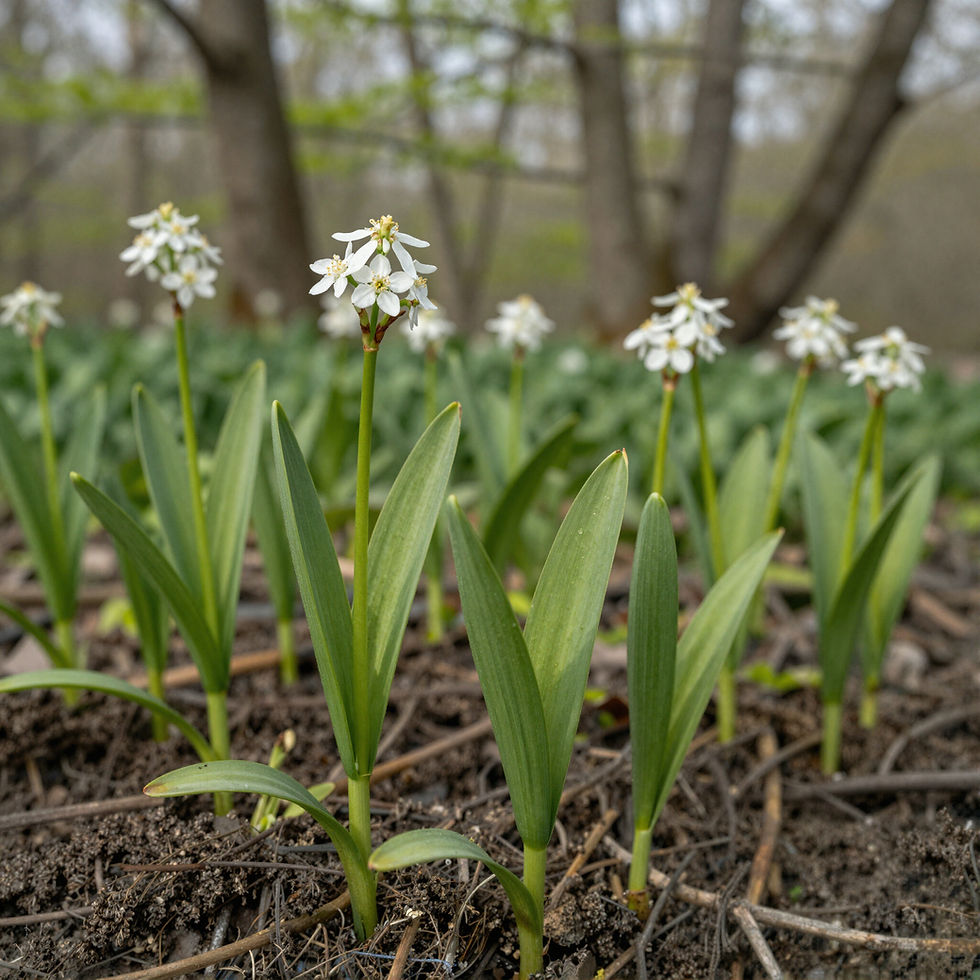 White spring flowers with green leaves growing in garden soil