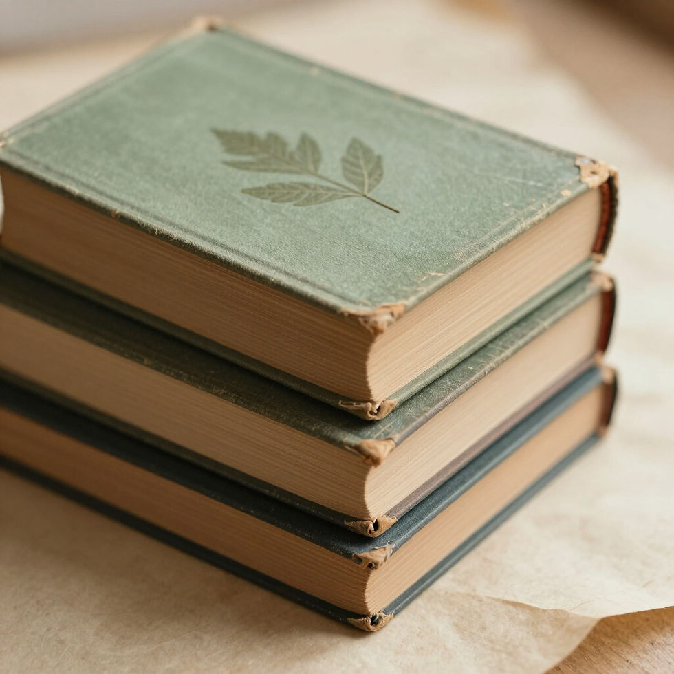 Stack of vintage green hardcover books with leaf embossed on cover