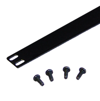 Close-up of bottom of a black CableTalk filler panel used for tapped hole racks with their hardware placed beside them on the right