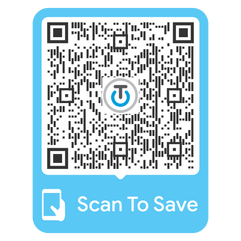A QR code, on a blue backdrop, that can be scanned to download the product flyer