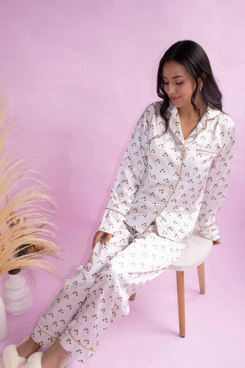 Miniatura: Pijama satin manga larga y pantalón perritos