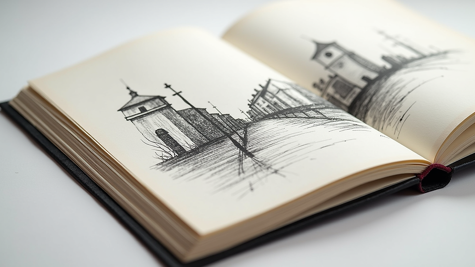 Vue en plongée d’un carnet de croquis ouvert avec des dessins de paysages urbains