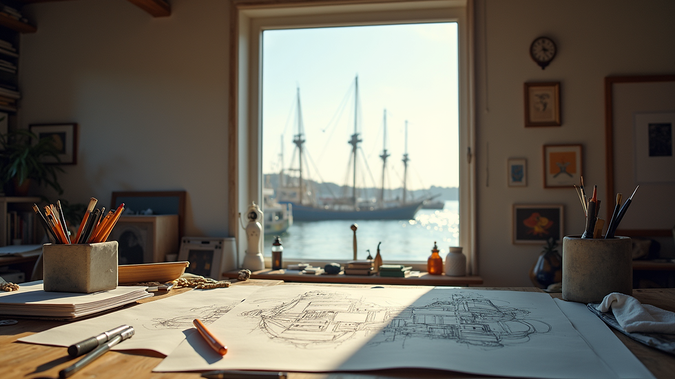 Vue en plongée d’un bureau d’artiste avec des dessins du Havre et des outils de dessin