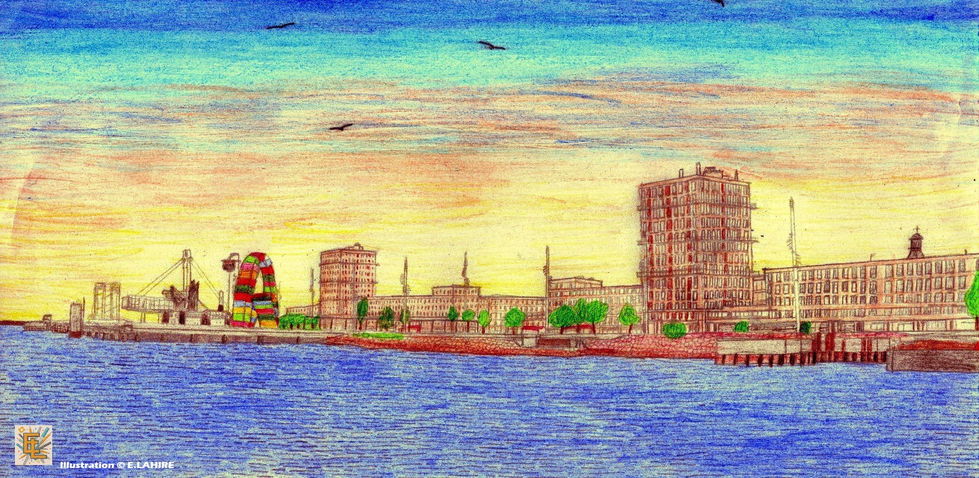 Dessin de la Catène de Containers et du front de mer Perret au Havre au coucher de soleil, étude aux crayons de couleur par Erwan Lahire artiste havrais - portfolio