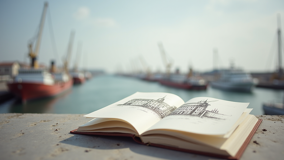 Vue rapprochée d’un carnet de croquis ouvert avec un dessin du port du Havre