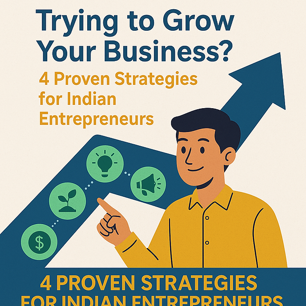 Man pointing at icons with an upward arrow. Text: Trying to Grow Your Business? 4 Proven Strategies for Indian Entrepreneurs. Beige background.