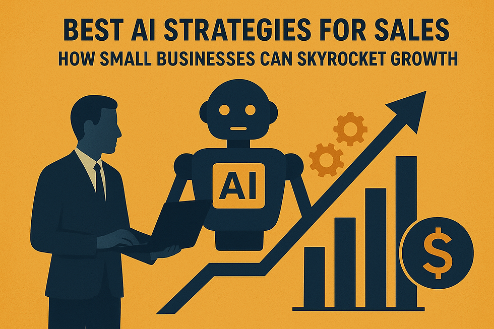 Silhouette of a person and AI robot with graphs and gears on a yellow background. Text: "Best AI Strategies for Sales."