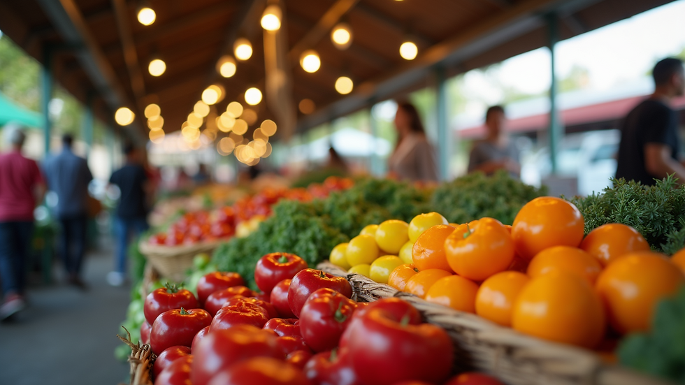 Eye-level view of a vibrant farmer's market stall showcasing fresh produce