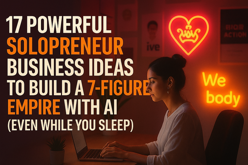 Woman working on laptop in dim room with neon signs. Text: "17 Powerful Solopreneur Business Ideas to Build a 7-Figure Empire with AI."