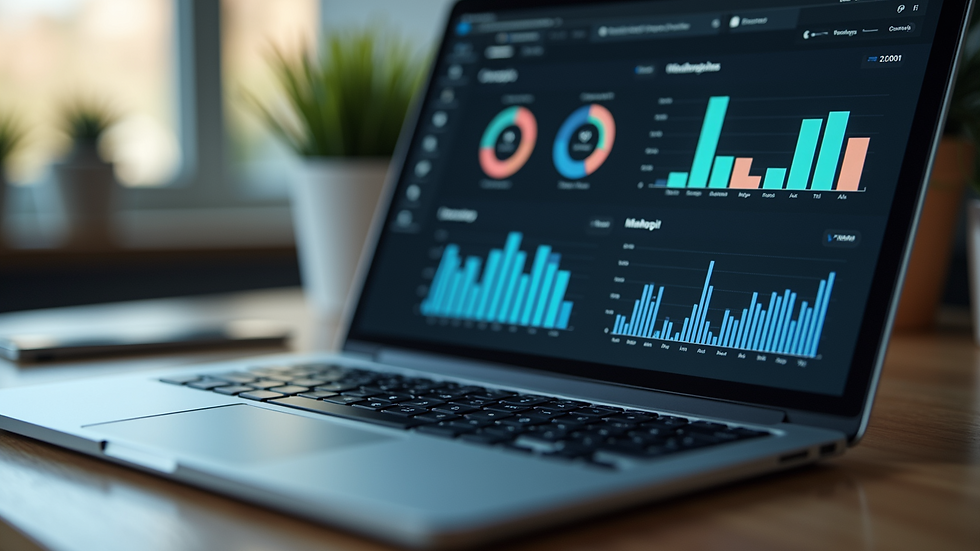 High-angle view of a laptop with social media analytics on the screen