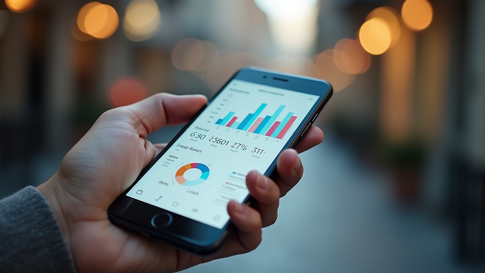Eye-level view of a smartphone displaying social media analytics dashboard