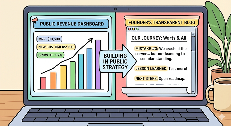 A laptop screen displaying a public revenue dashboard and a founder's transparent blog post, illustrating a building in public strategy.