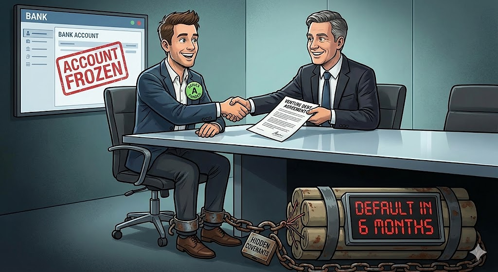 A startup founder shaking hands with a banker holding a contract labeled "Venture Debt for Startups," with hidden chains underneath the table.