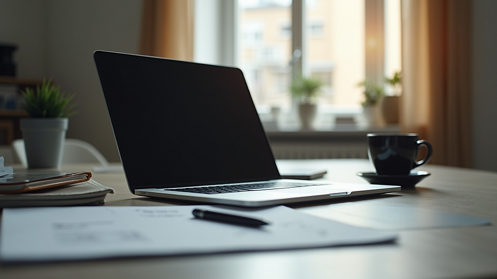 Eye-level view of a modern office workspace with a laptop and notes