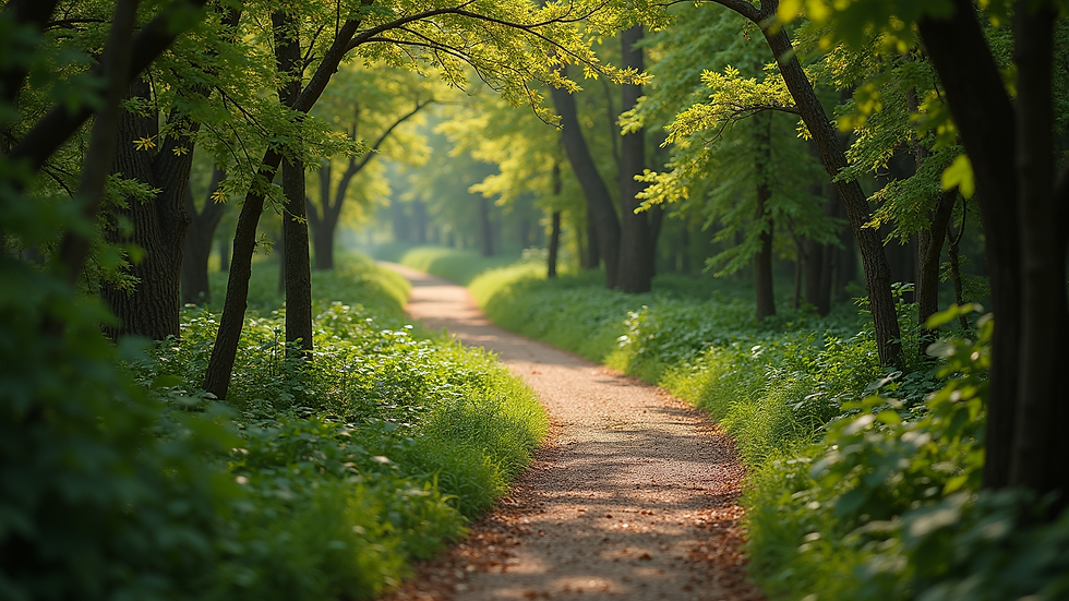 High angle view of a leafy park trail winding through foliage
