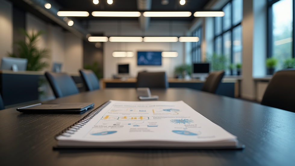 High angle view of a modern office workspace with AI marketing strategy notes